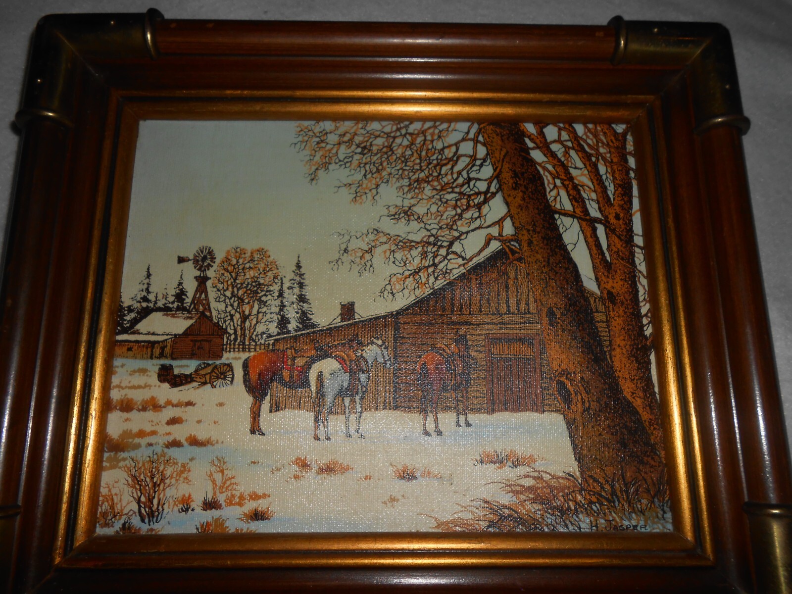 Framed – Signed H. Jasper Farm Scene With Horse Hand Painted Serigraph On Canvas