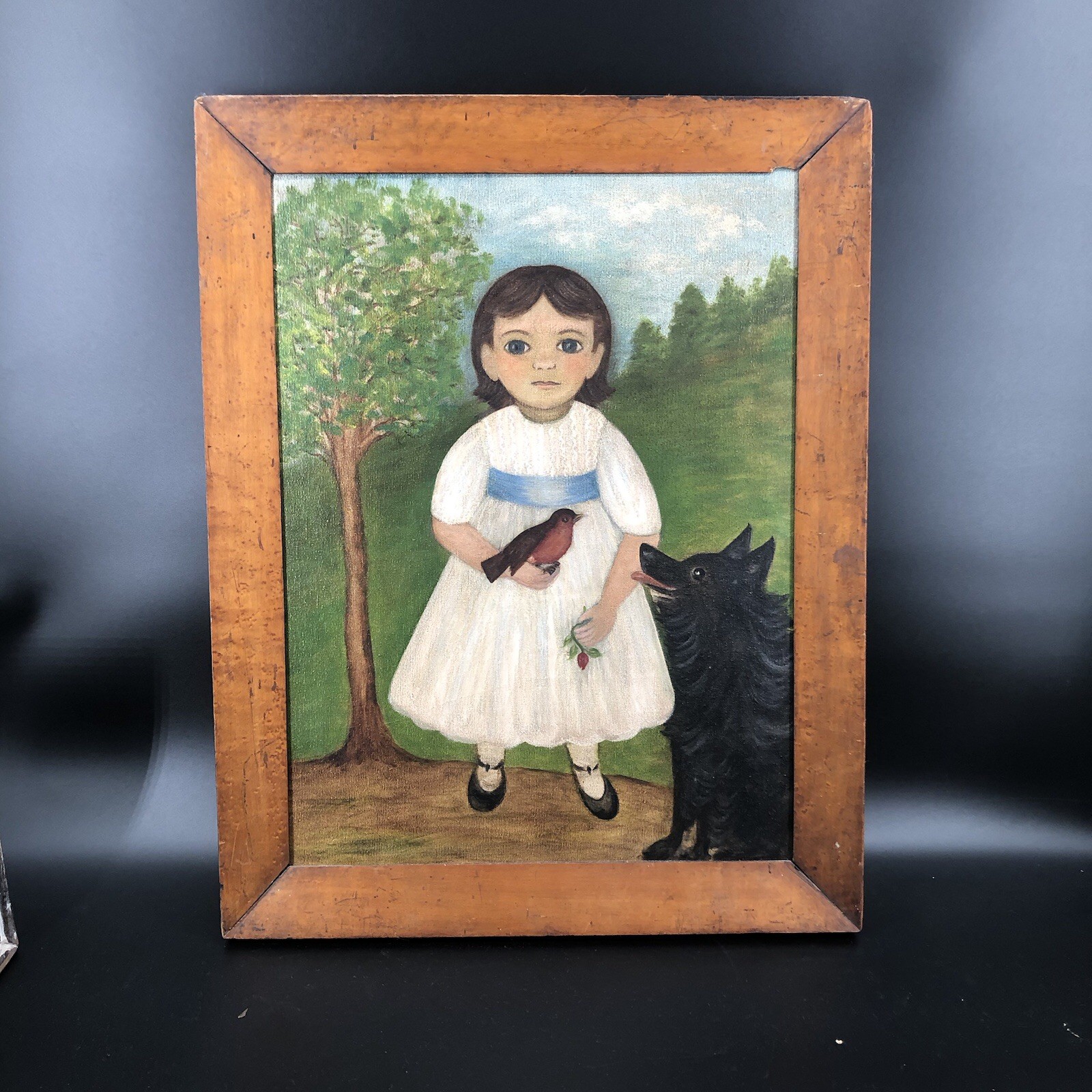 ‘Sarah’ 1980 Original Framed, Signed, Dated Girl /Bird/Dog Folk Art 25 X 20