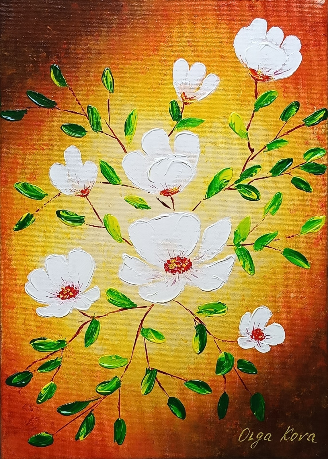 original painting flowers twigs leaves greenery impasto spring wall art gift