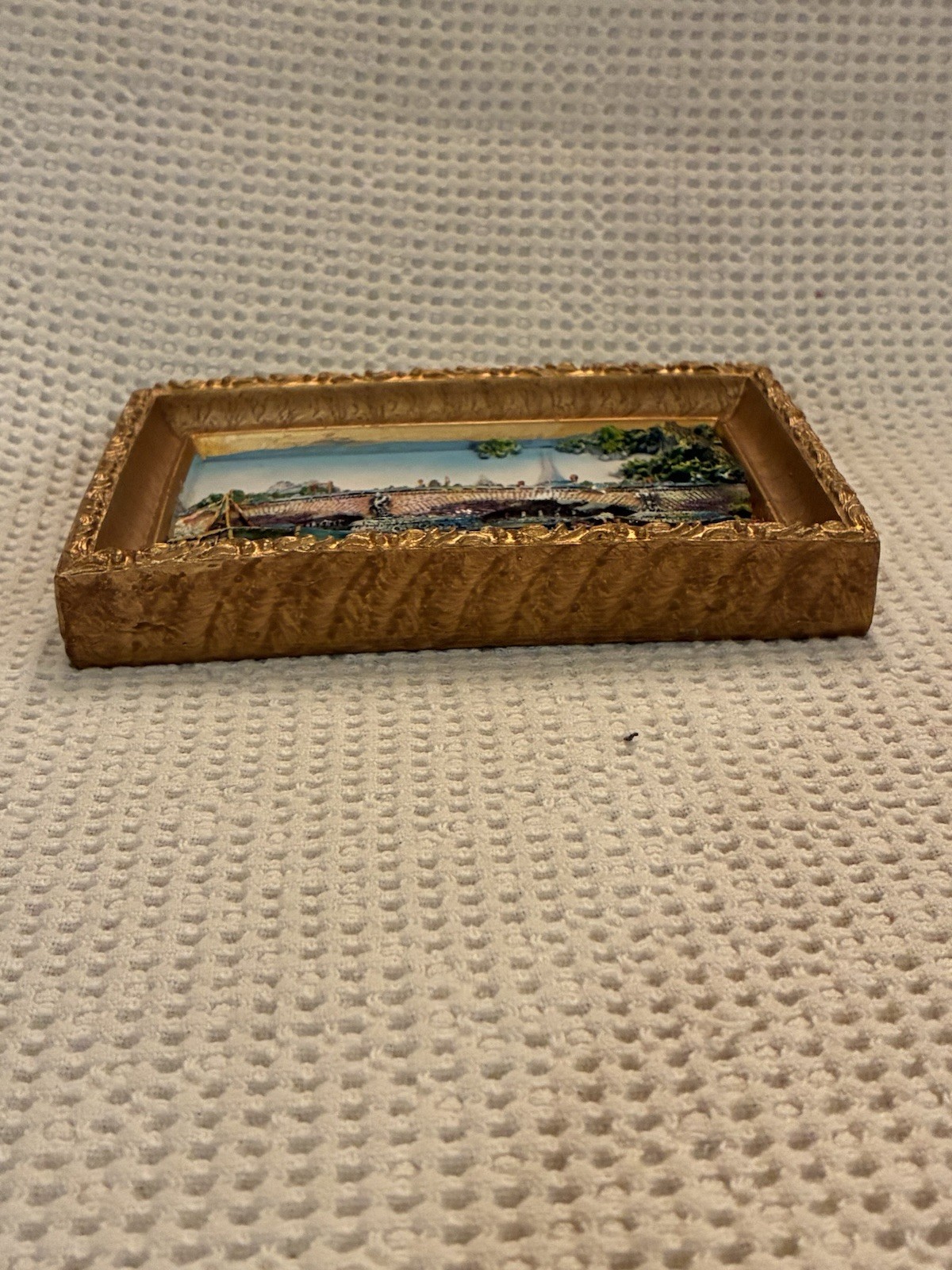 3D Painted resin &plaster relief gold “frame” Seine river Eiffel Tower Paris 5×7