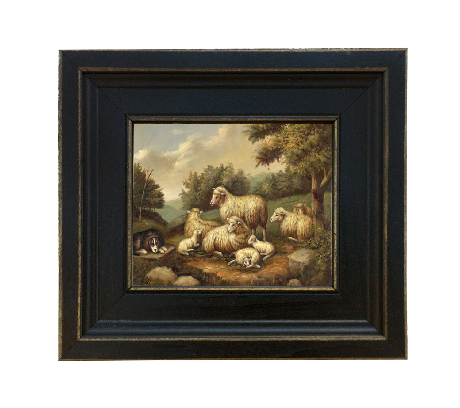 Sheep In Landscape Vintage Antique Farmhouse Style Painting Print Canvas Framed