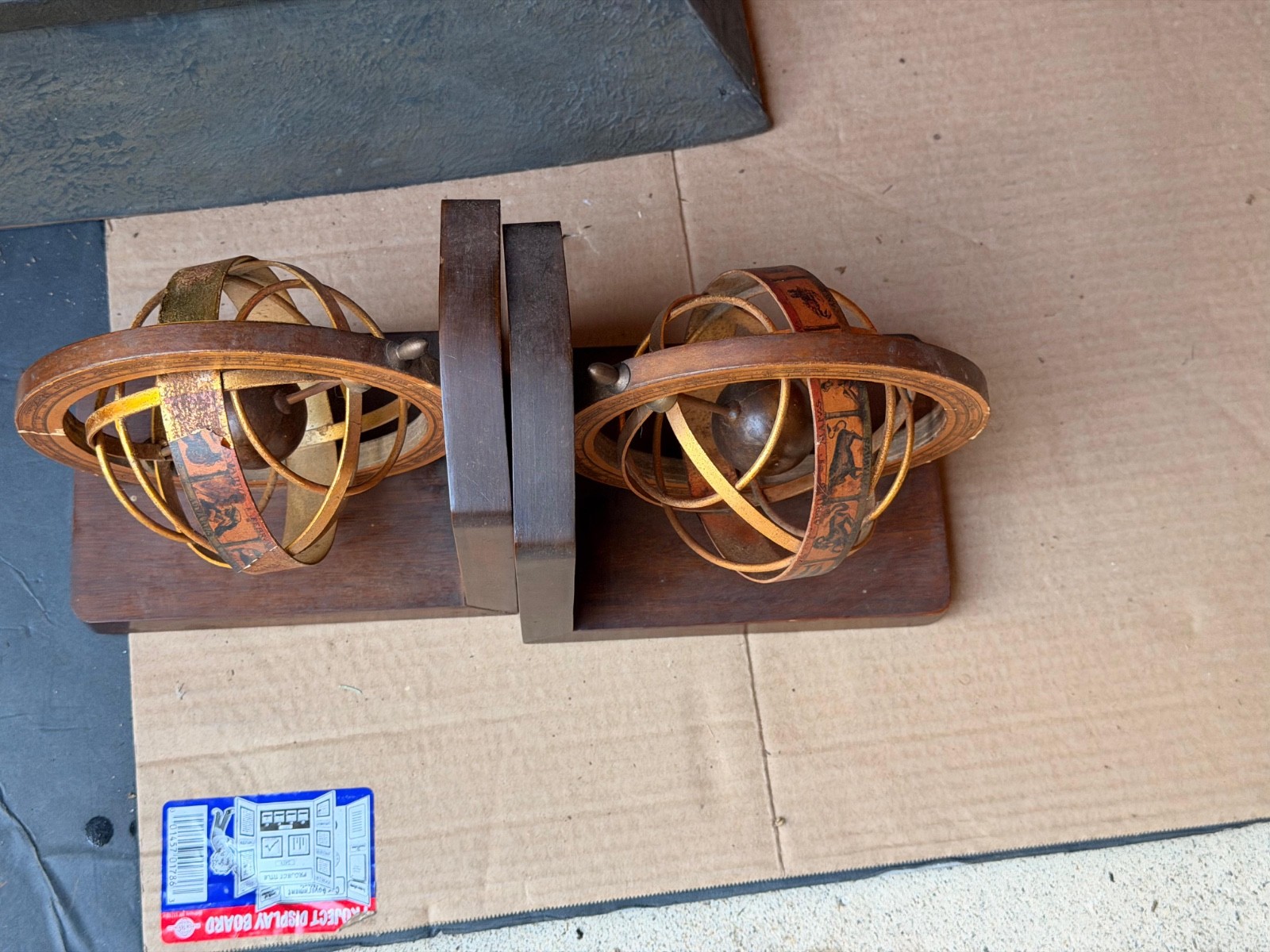 Vintage Wood Armillary Sphere Bookends Zodiac Astrological Globe Pair 6″