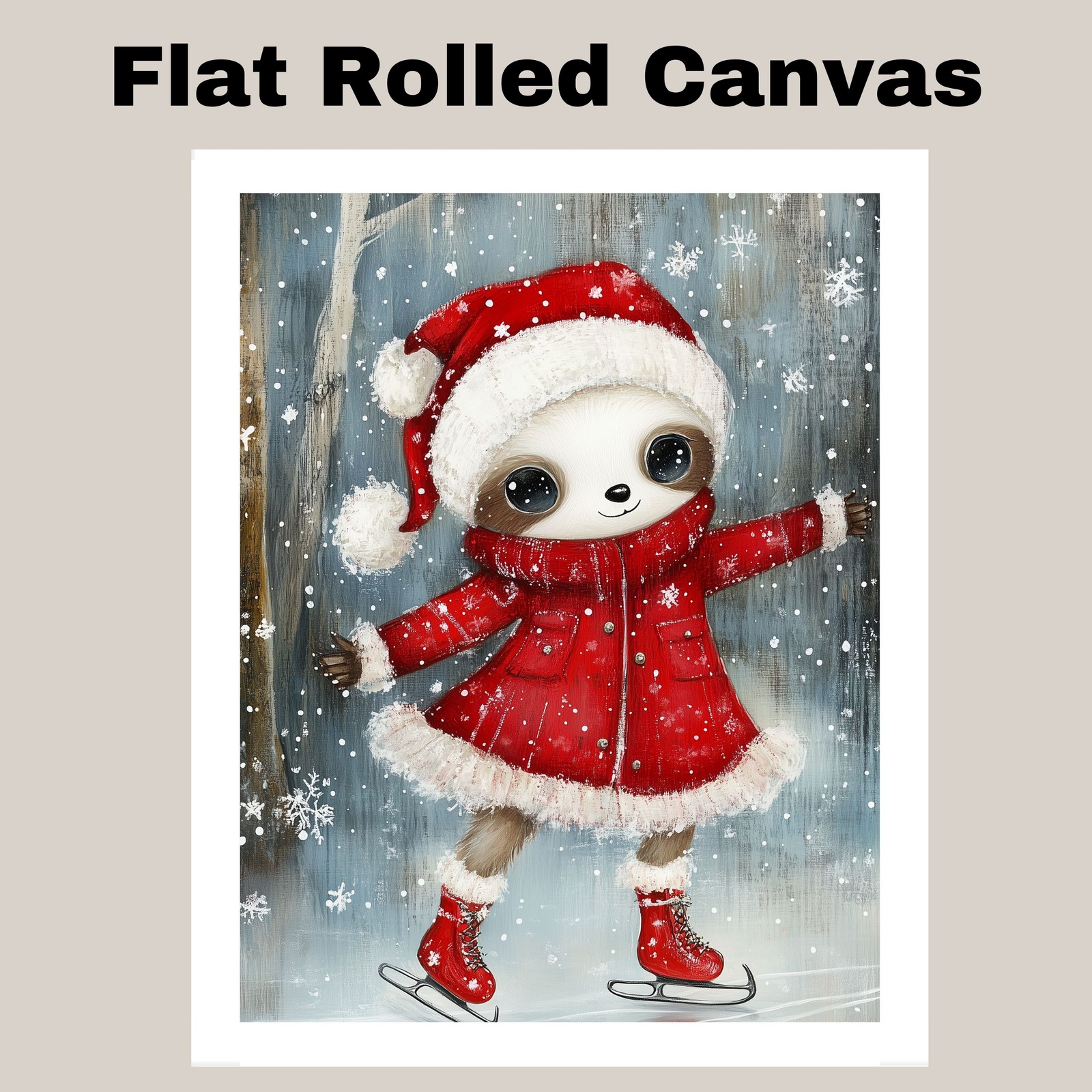 Christmas Sloth Winter Skating Red Coat Flat Rolled, Framed Or Wrapped Canvas