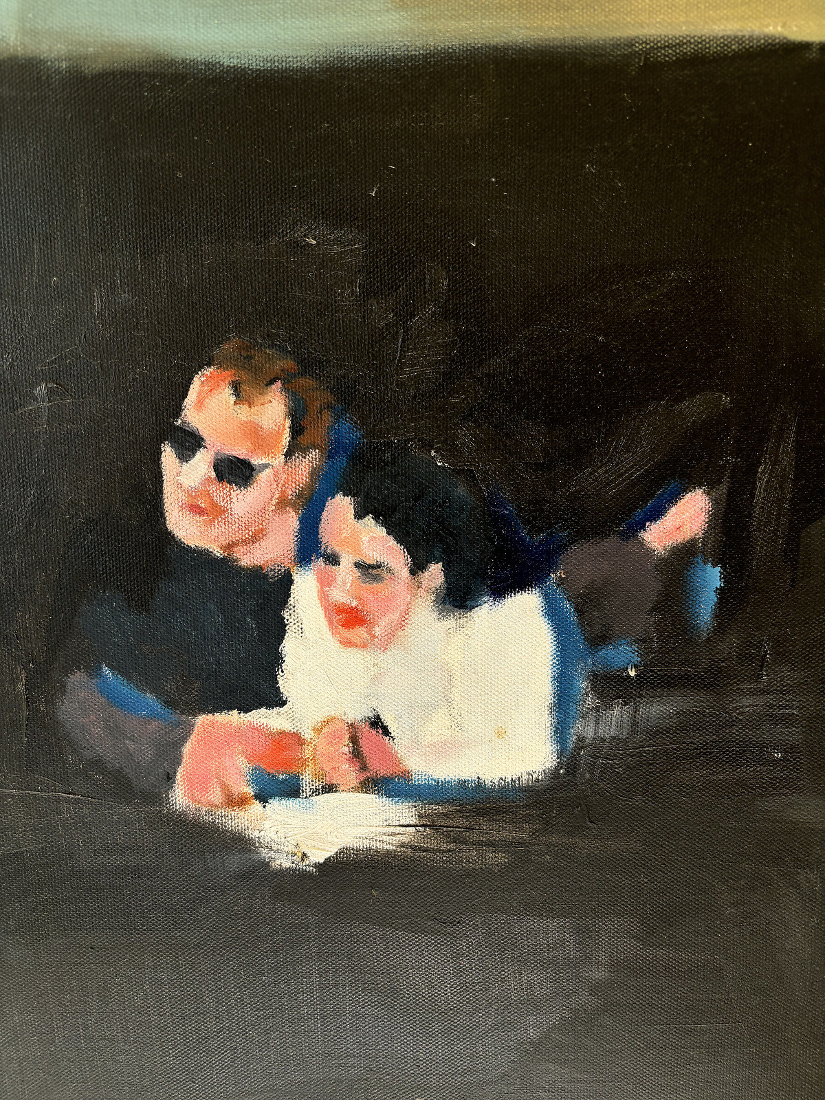 Family HIstory Collage original figurative oil painting 28×22 in Mary Hillier