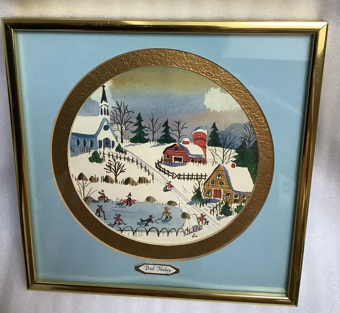 Framed Hilda Kaihlanen Watercolor Print Folk Art “ Pond Hockey “ 8.5 x 8.5”