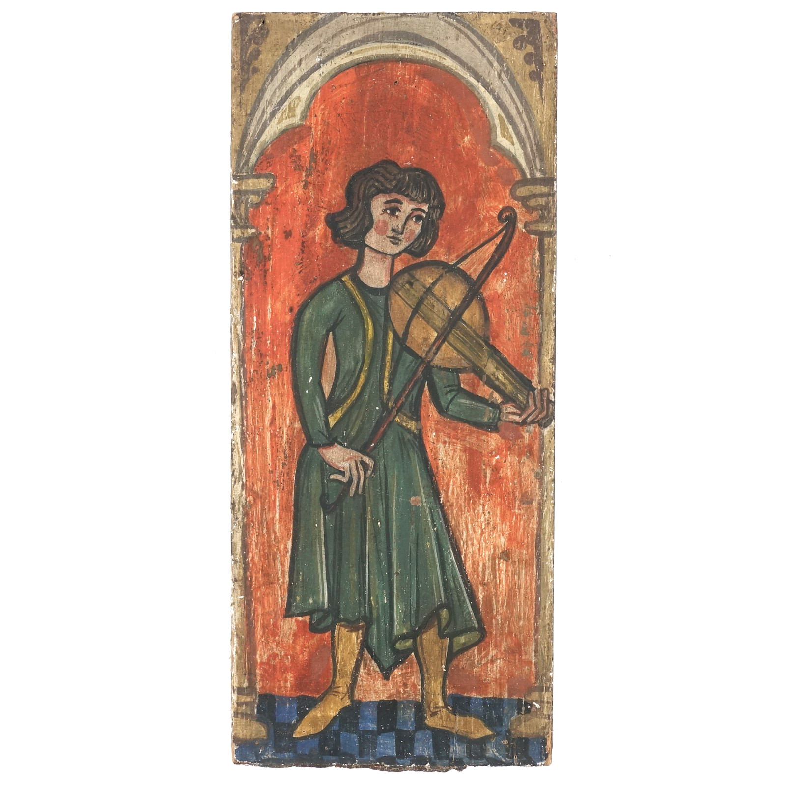 Medieval Lute Player Painted on Board 14.75″ x 6.5″ Folk Art Primitive OOK
