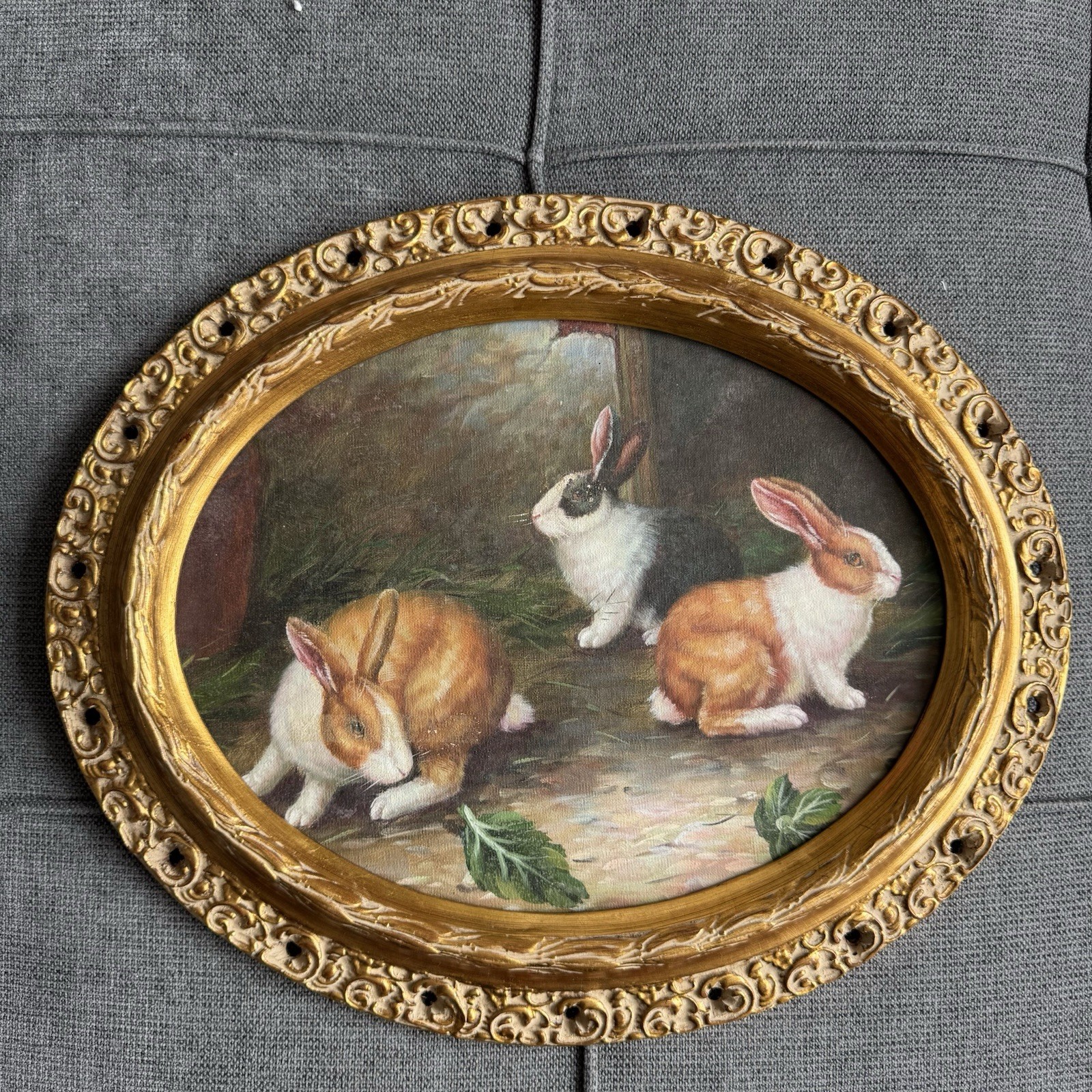 Oil Painting Three bunny Rabbit In Oval Ornate Gilded Gold Frame 17.75″x14.5″