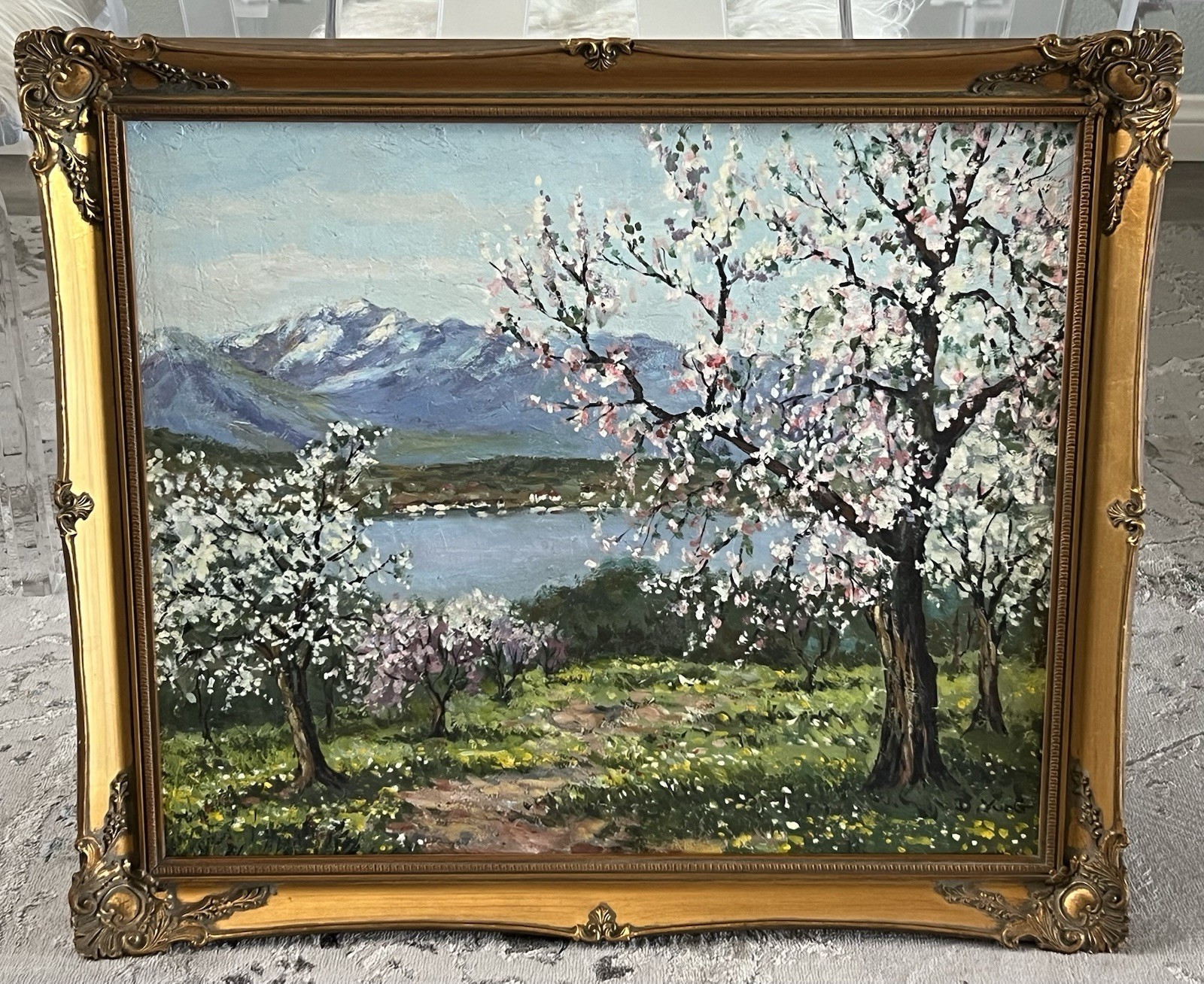 Dorothy Yung 1970’s Original Painting Apple Trees In Bloom Landscape