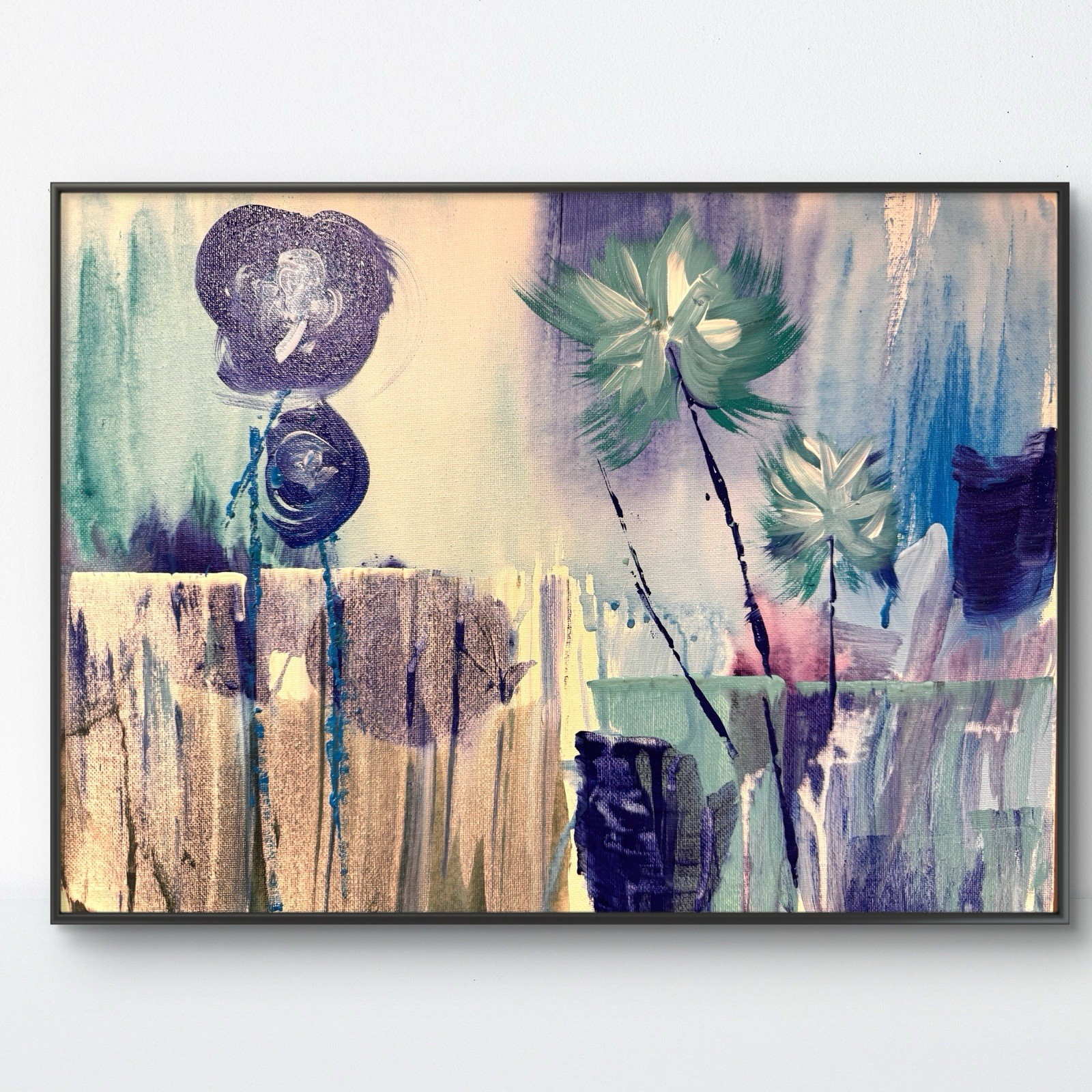 Original Abstract Expressionism 12×16 Flowers in Blue Handmade Signed Fine Art