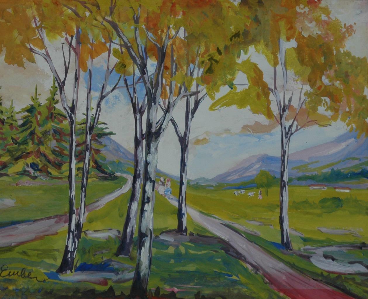 Beautiful Gouache Summer Landscape with Figures Walking On A Path & Sheep