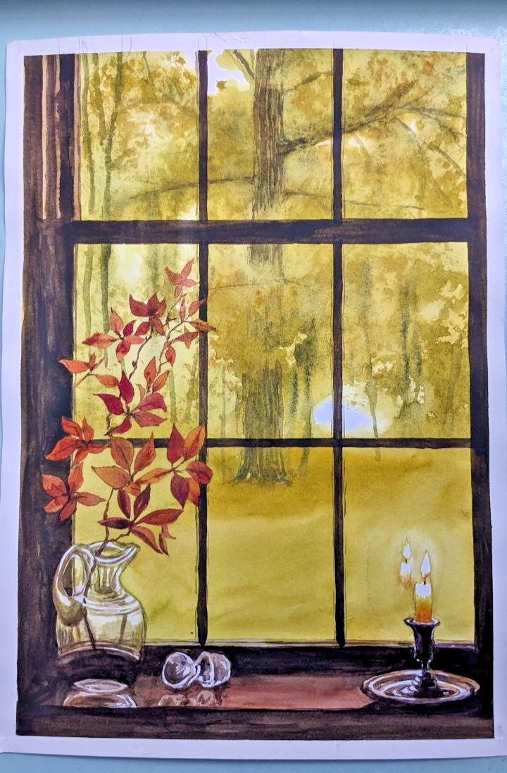 Autumn Leaves Fall Branches Rustic Watercolor Painting Farmhouse Garden Art