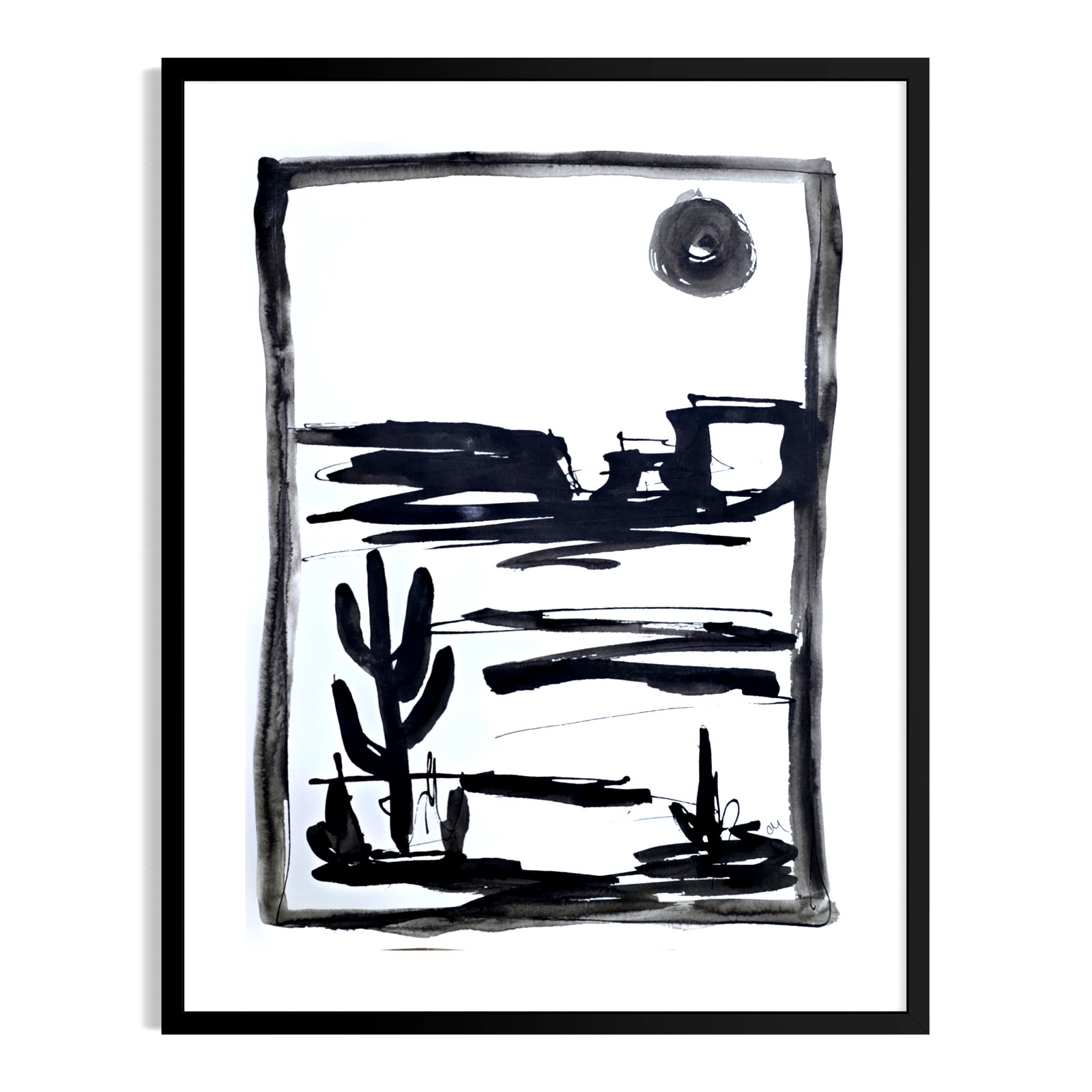 Original Minimalist 9×12 Acrylic Landscape Painting Black White Paper Signed Art
