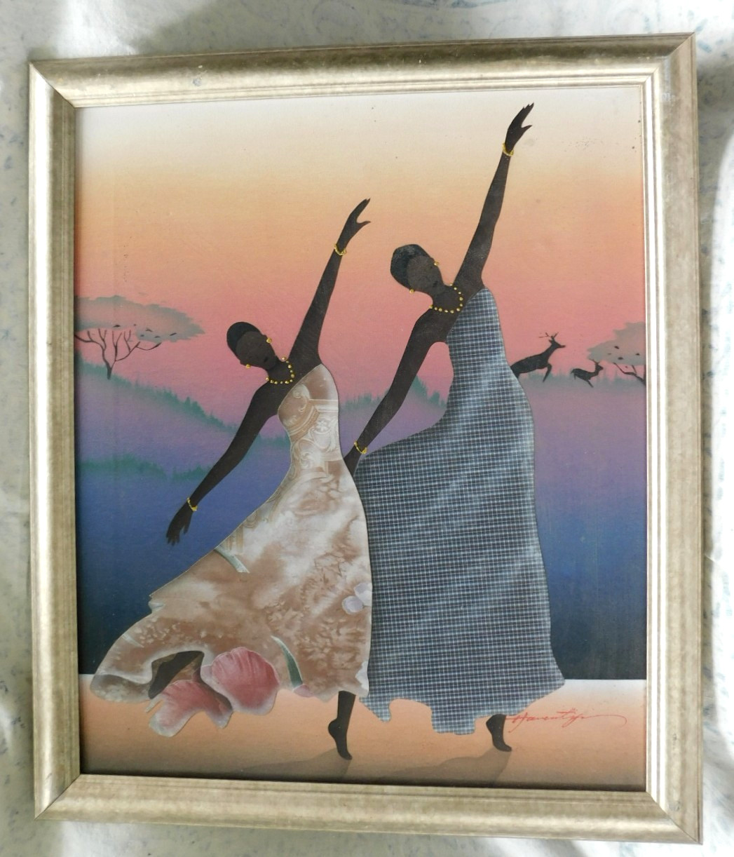 WELL DON SIGNED ORIGINAL MIXED MEDIA OF TWO DANCING AFRICAN WOMEN