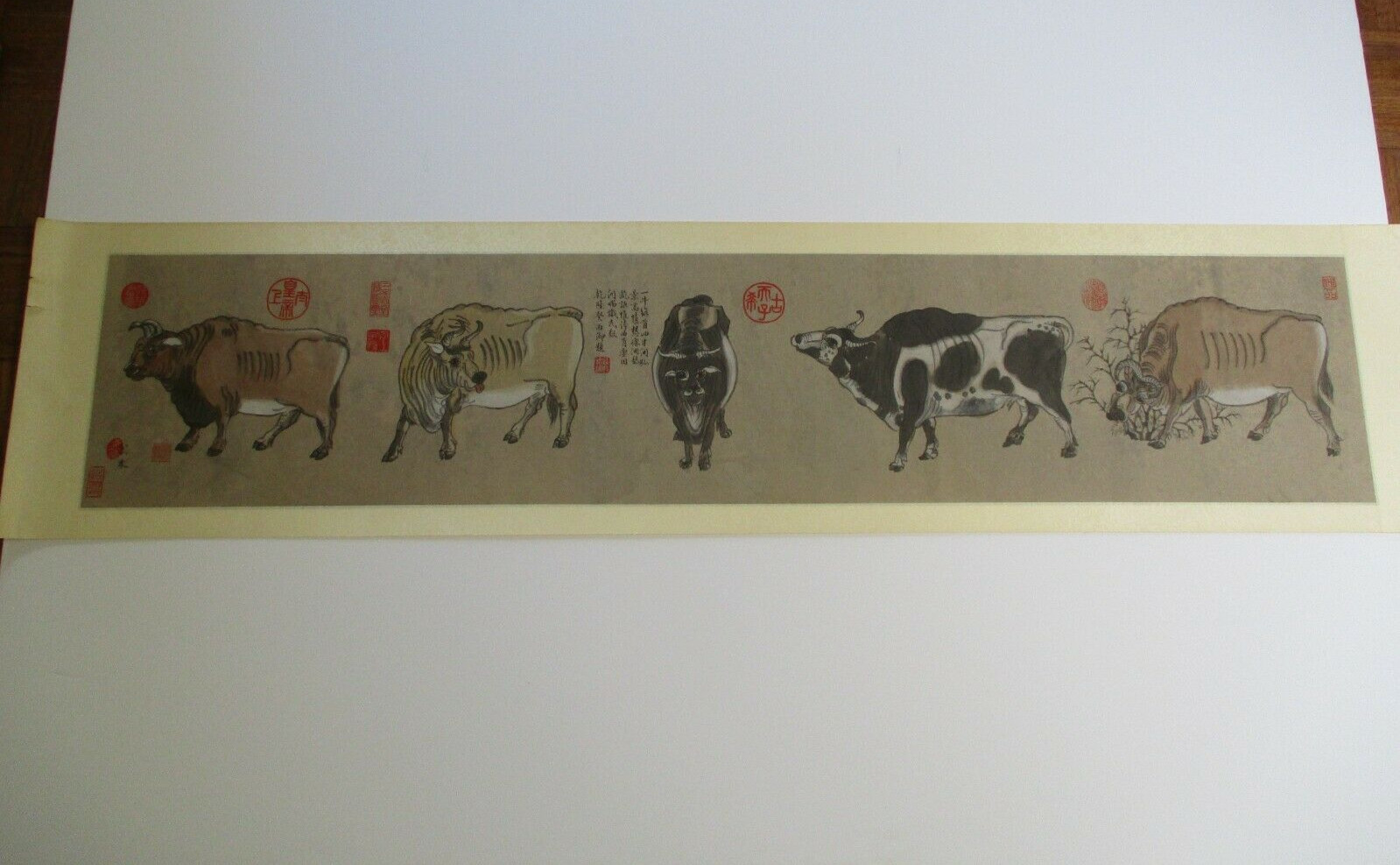 VINTAGE SCROLL PAINTING CHINESE COW CATTLE BULL SIGNED SCHOLAR LARGE