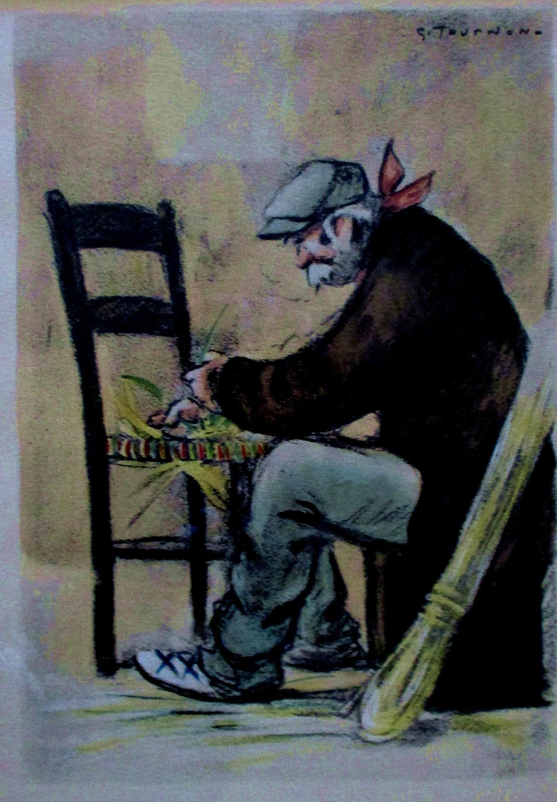 Artist Georges Tournon Signed Lithograph Old Trades, The Chair Rusher Framed