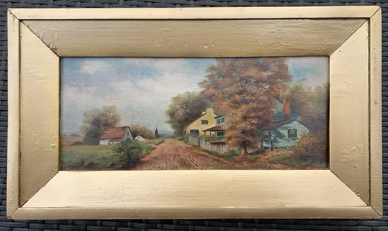 c1860 Antique Oil Painting Landscape American School Victorian Town