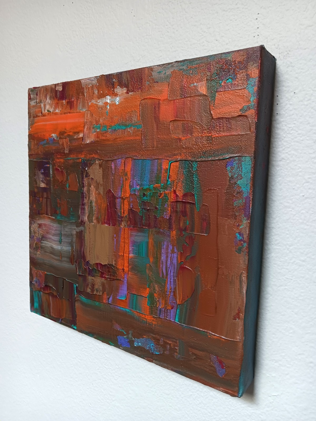 Small abstract painting original acrylic 12×12 red blue turquoise «Desert Rain»
