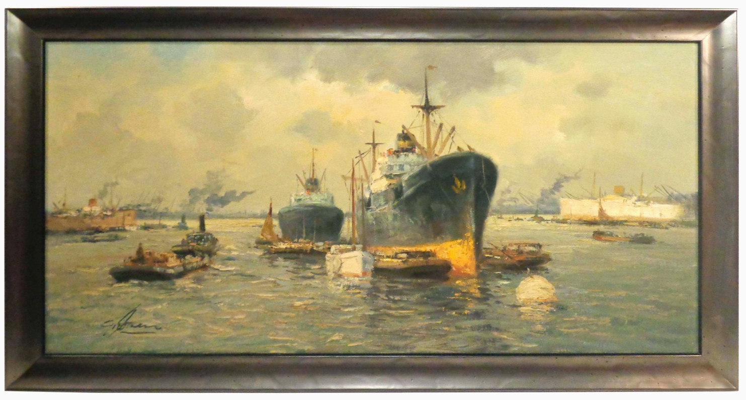 HARBOR VIEW ROTTERDAM, HOLLAND EARLY 20TH C O/C CARGO SHIPS FRMD, ILLEGIBLY SGND