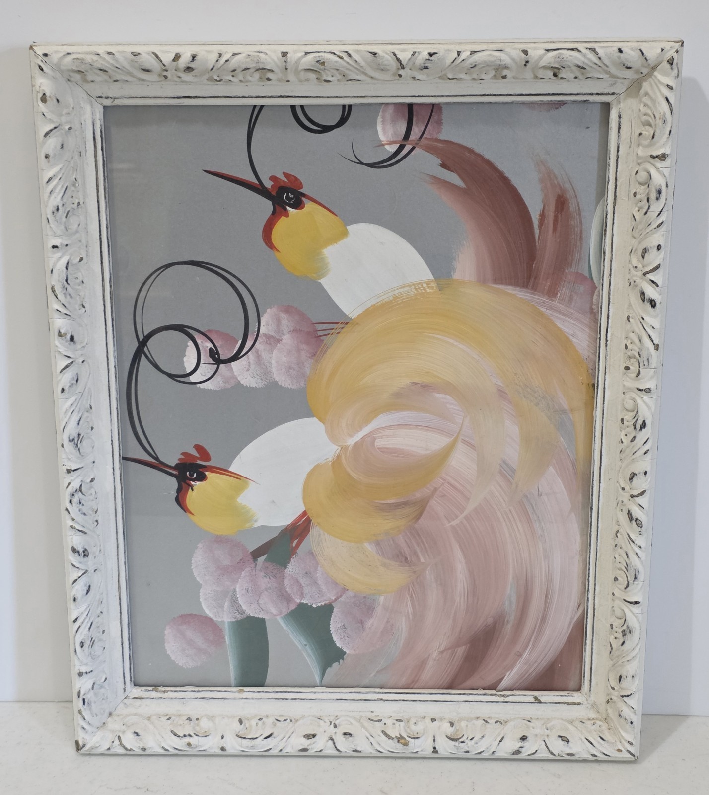 1950s MCM Colorful Birds Of Paradise Original Silverboard Painting Framed…
