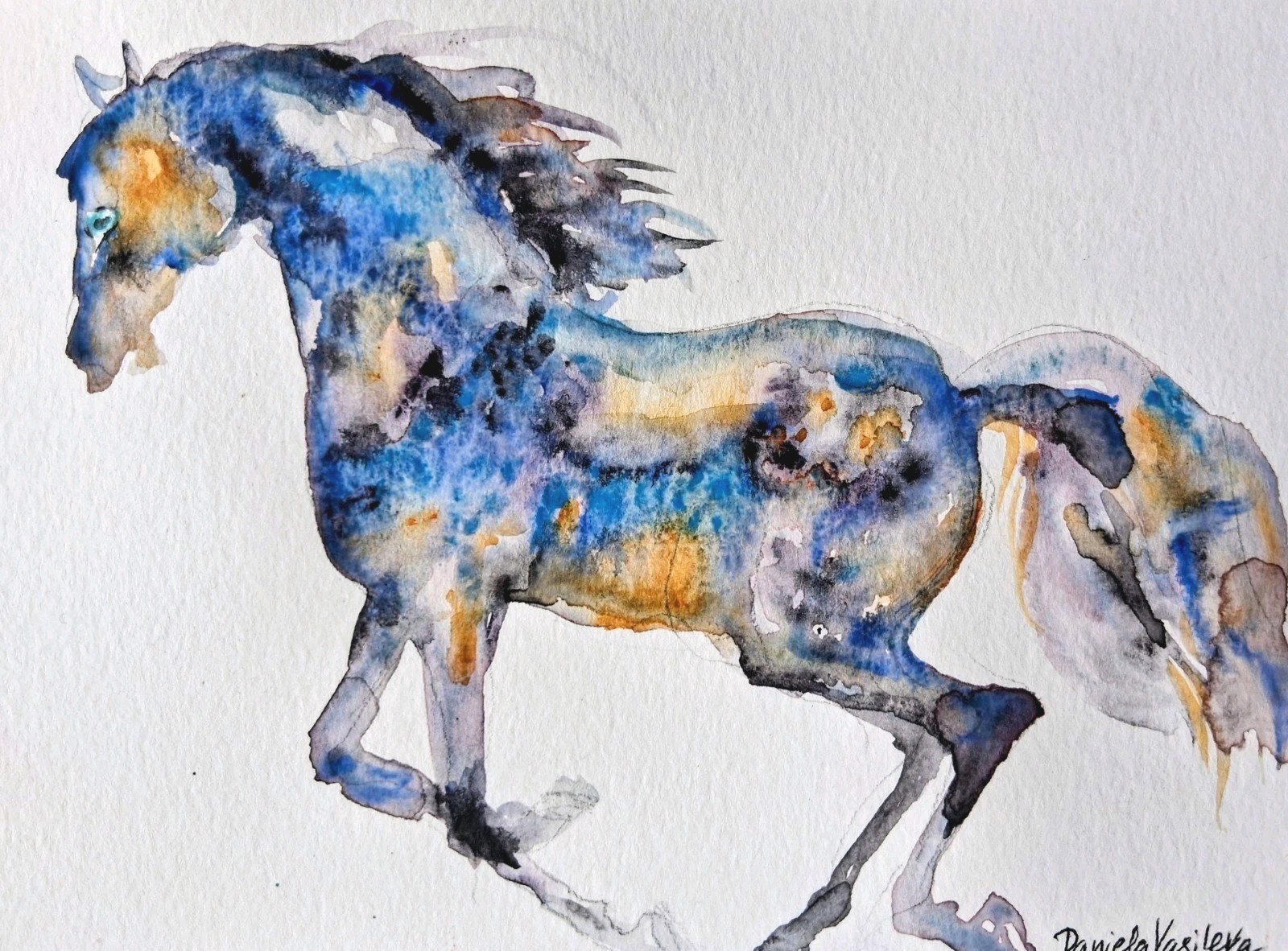 Original Watercolor Painting Blue Horse running,equestrian equine horse art 5×7″