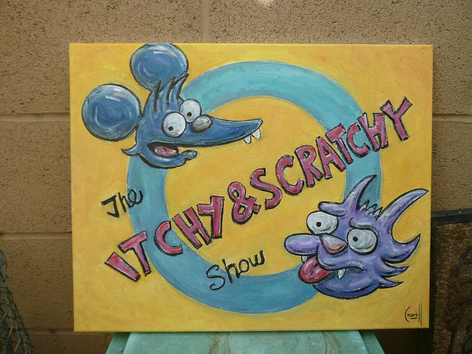 ITCHY & SCRATCHY Simpsons NEW original 16×20 canvas oil painting signed Crowell