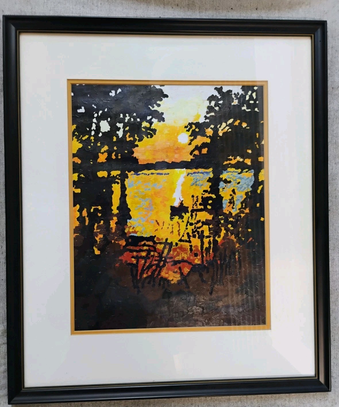 Original Framed Surreal Abstract Landscape Sunset Sunrise Painting 22×18 In