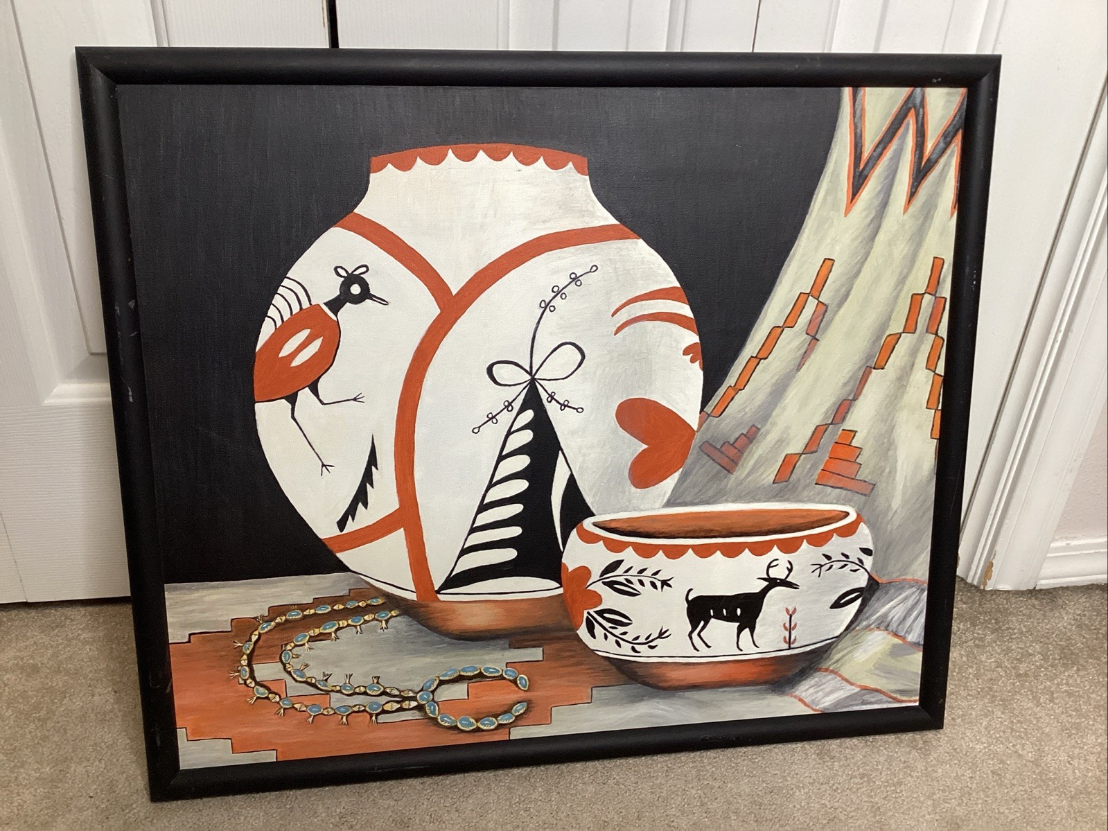 Large Vintage Southwestern Still Life Painting – Native American Pottery