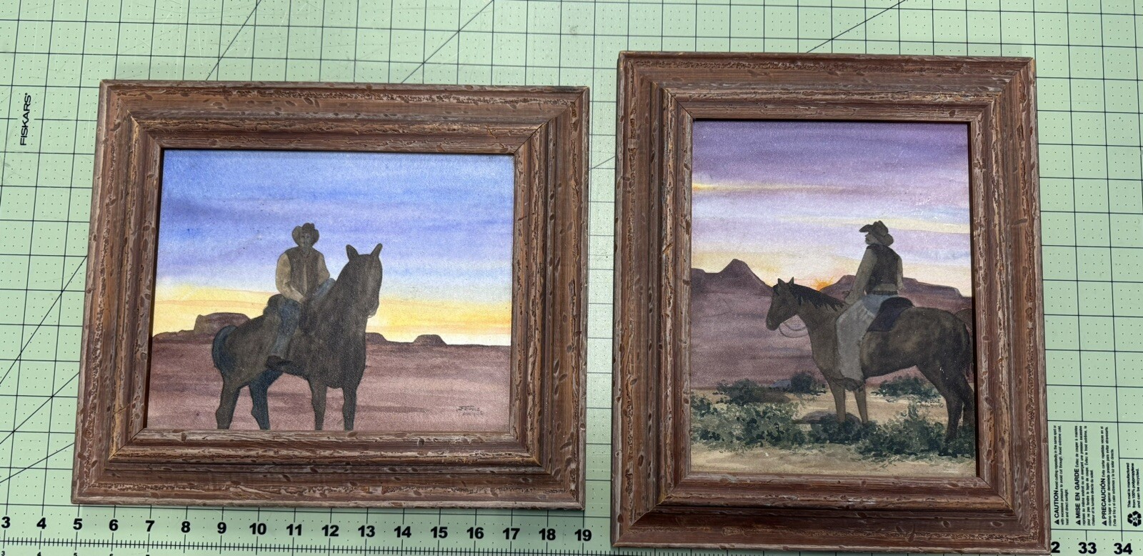 Cowboys at Sunset 2 Water Color Paintings Joe Friddle 12X14” Wood Framed Texas