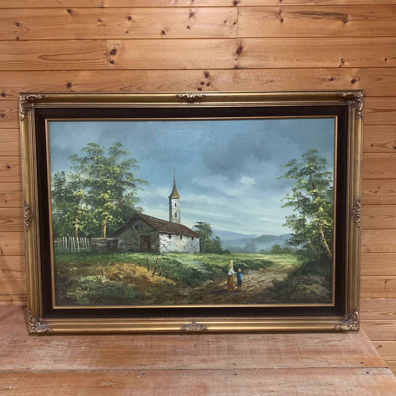 French Countryside Large Framed Landscape Painting Signed 42-3/8” x 30-1/2”