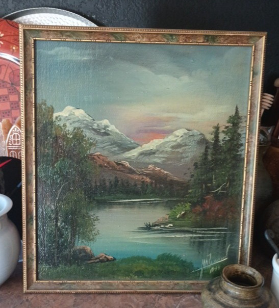 Signed M A Sundown Native American Folk Art Oil on Board Parson’s Indian Village