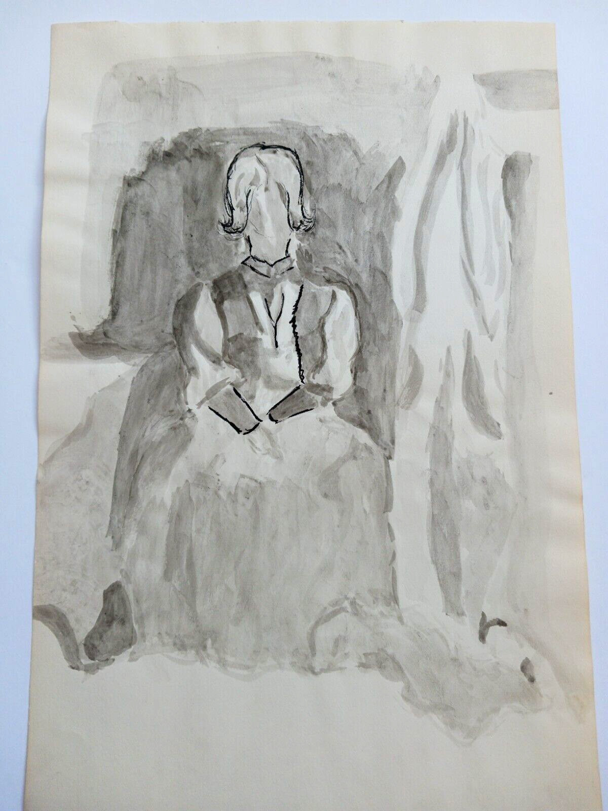 1960s Watercolor & Ink Sketch Painting Girl/Woman w High Neck Shirt Gray & Black