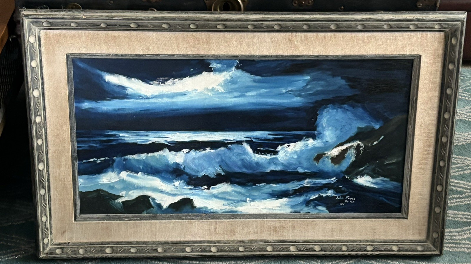 Vintage Oil Painting Stormy Seascape Ocean Scene Moonlite Crashing Waves Rocks