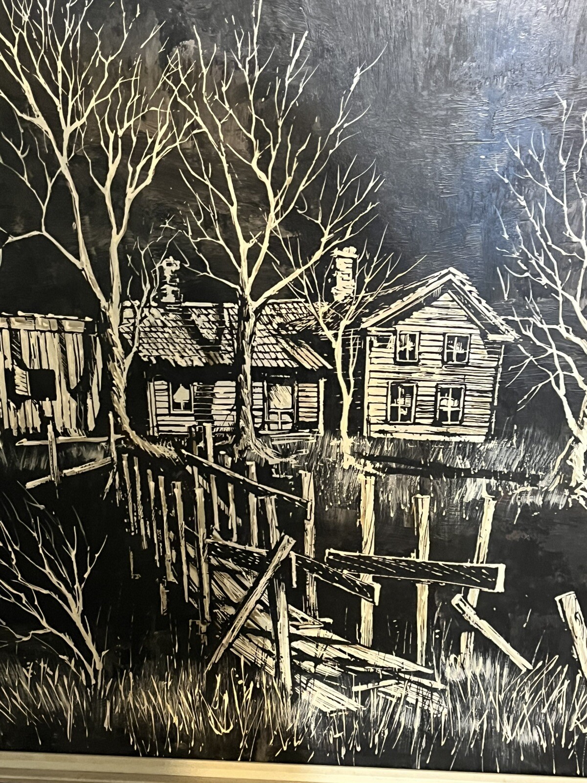 LARGE BLACK & WHITE LOG CABIN PAINTING BY C PETERSON 37 X 37” FRAMED ART