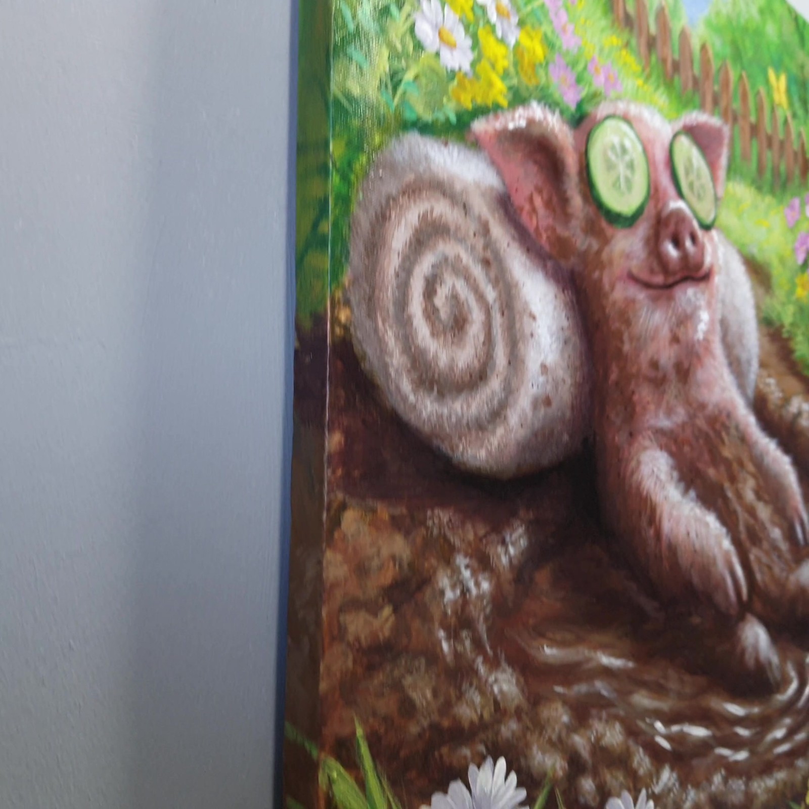 Original Acrylic Funny Pig Painting Mud Spa Humor Farm Animal Art OOAK 16×20