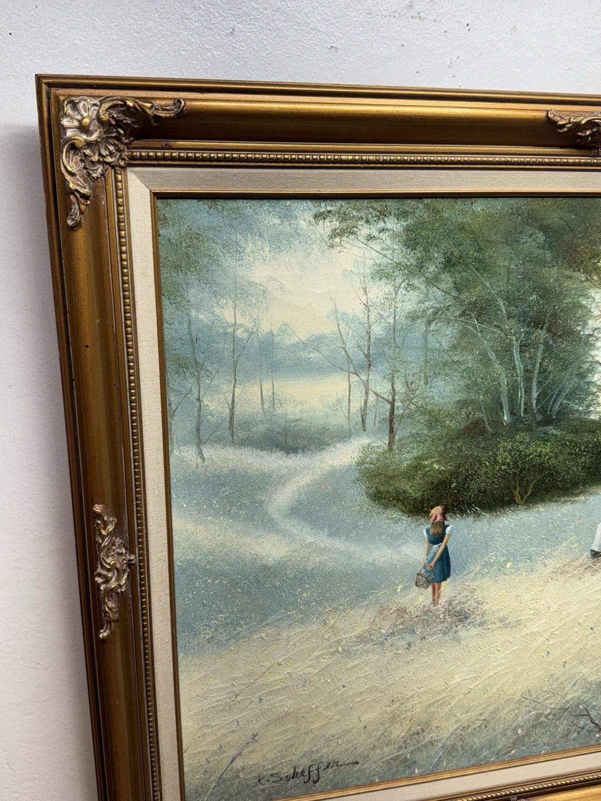 LARGE VINTAGE K SCHEFFER SIGNED OIL PAINTING LANDSCAPE FIGURE FRAMED