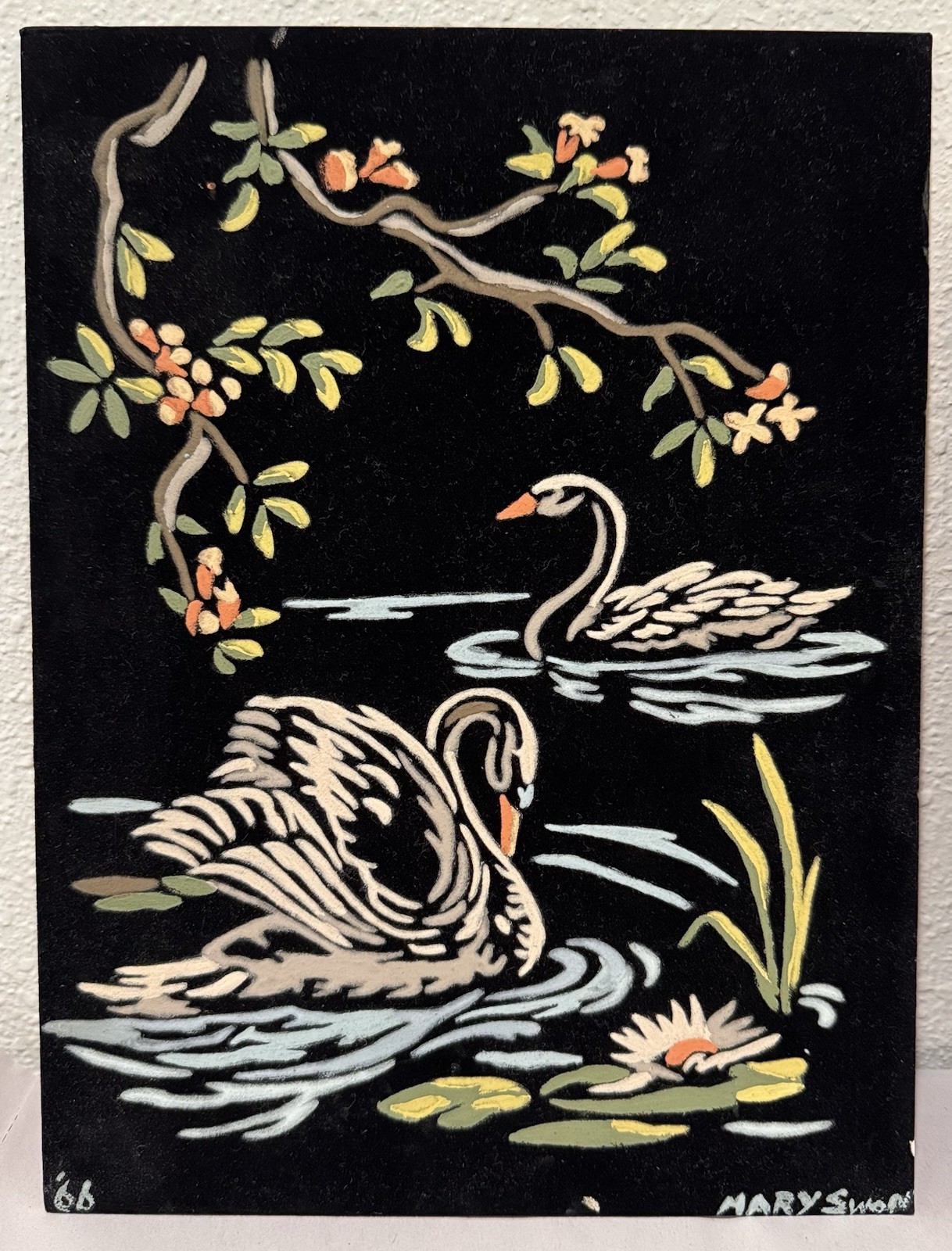 2 Vtg 60s SWAN PAINTING Set VELVET BLACK Picture Art Deco Lake Branches Blossom