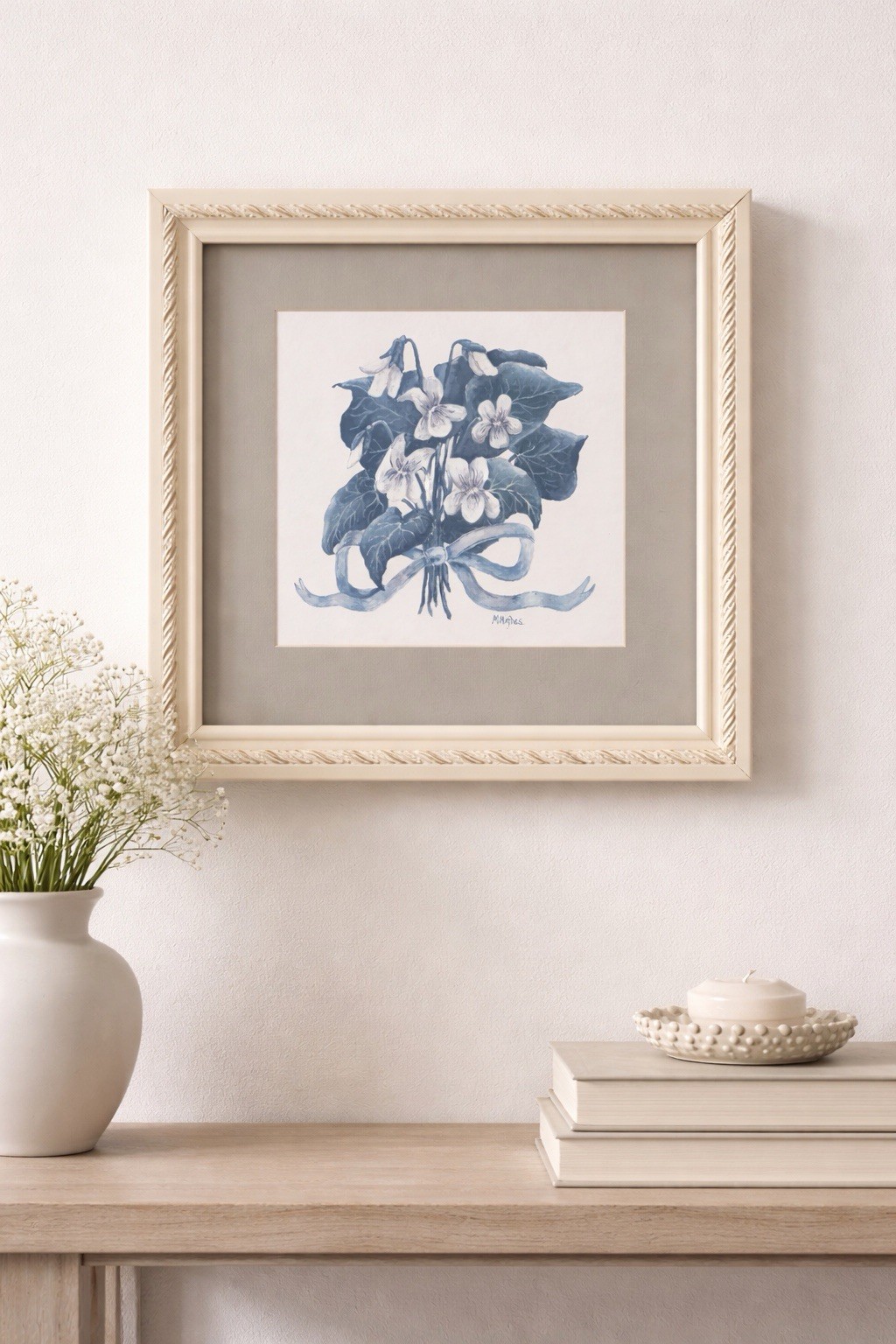 Vintage Signed Blue Watercolor Violets Floral Framed Botanical Cottage Garden