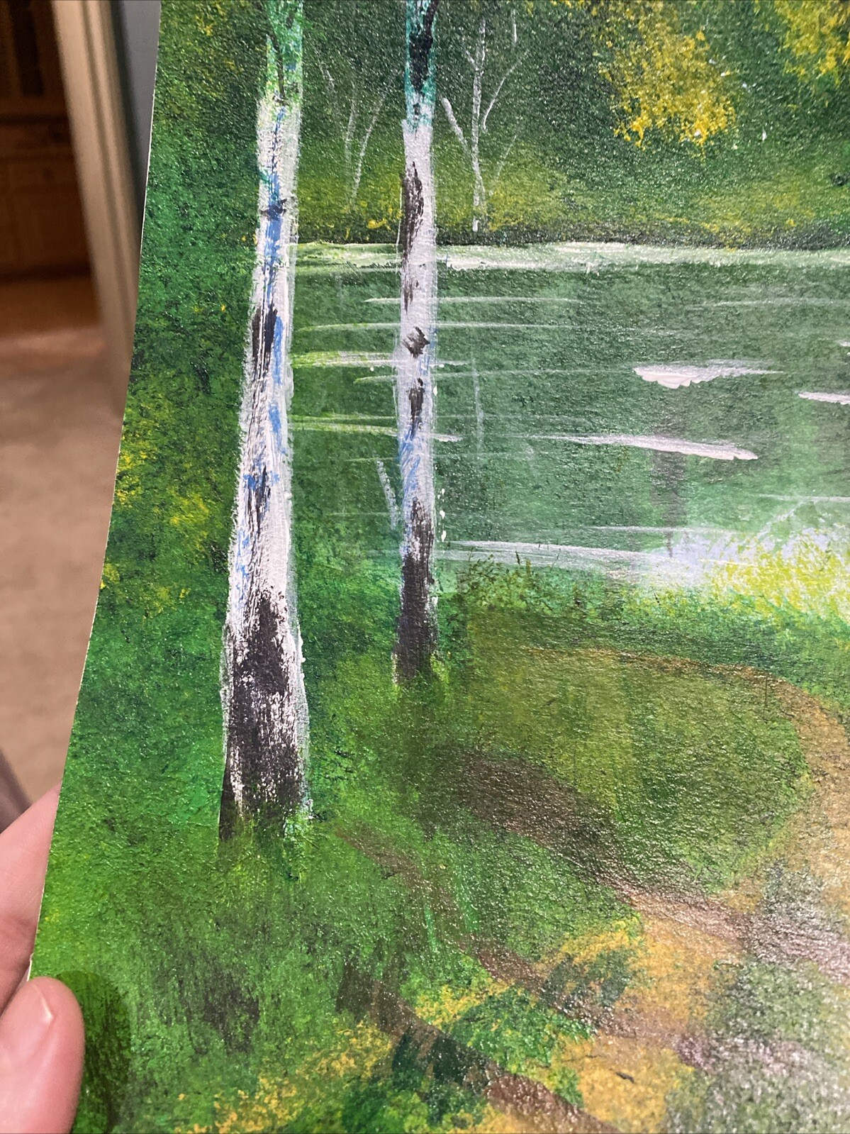 Birch Forest And River,landscape Abstract Acrylic Painting On Paper 10,5/13,5