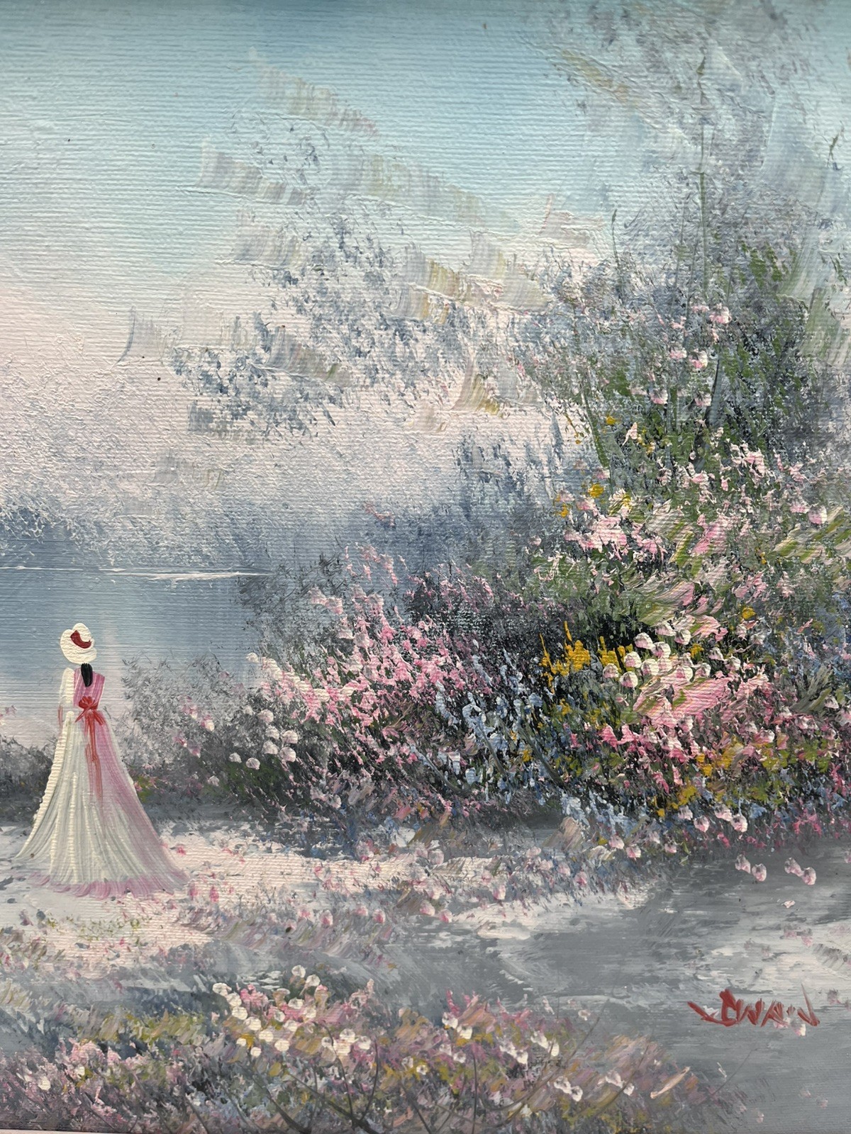 Original Oil on Canvas 12 X 16 Canvas – Woman In White Overlooking Pond