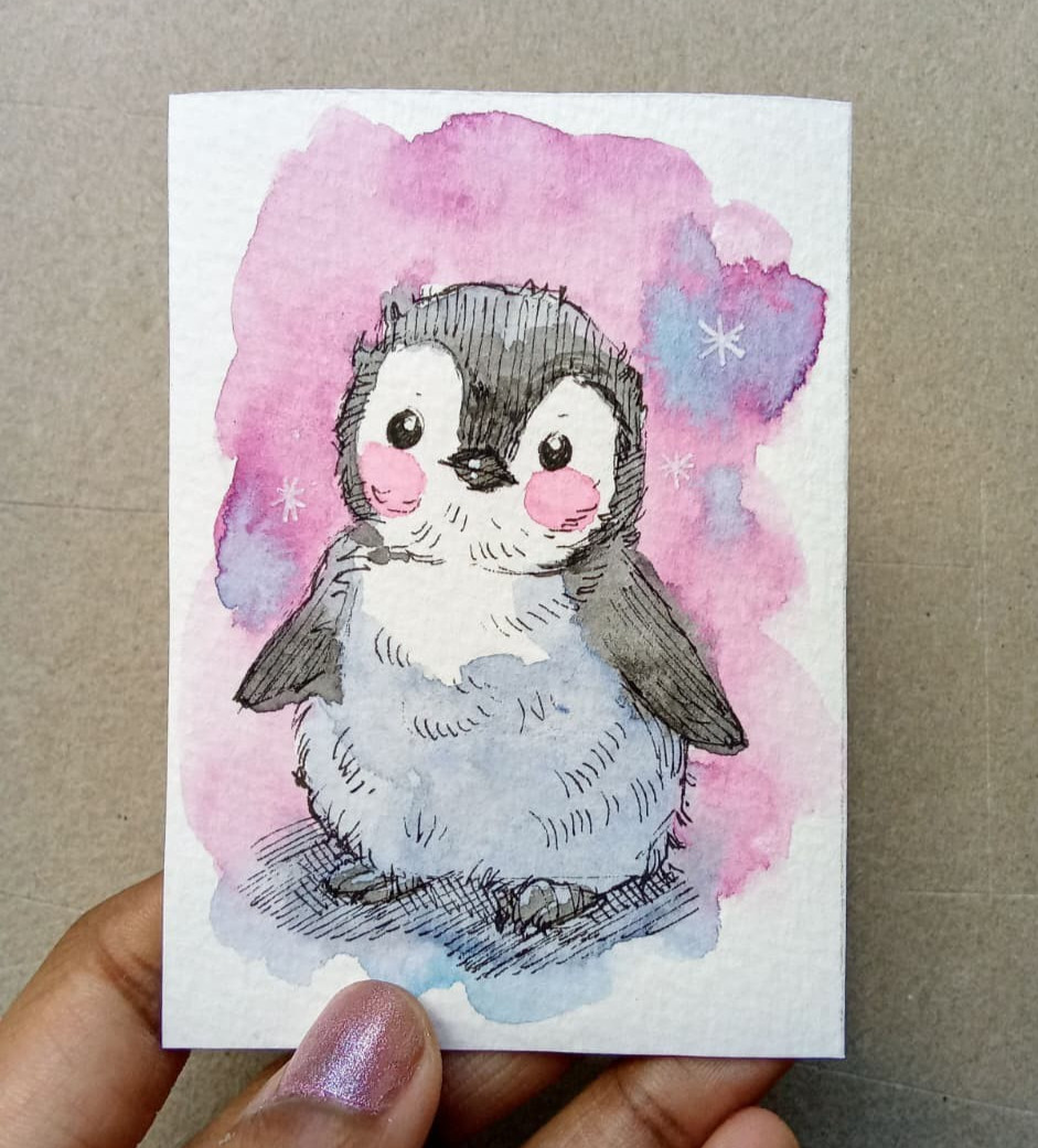 ACEO Original Watercolor Miniature Cute Baby Penguin Winter Snow Art OOAK