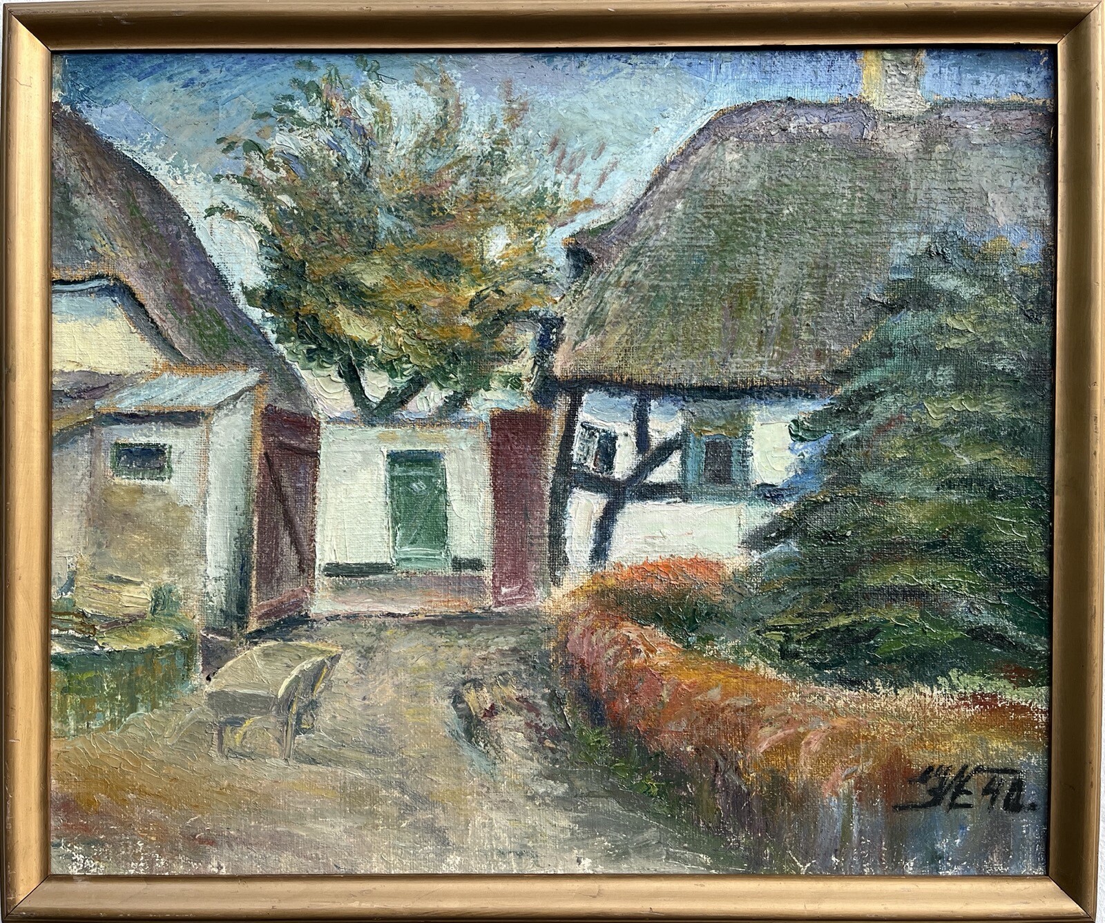 Antique Oil Painting Nordic Farm Reetdachkate Cottage Yard Gate Holzkarre 1940