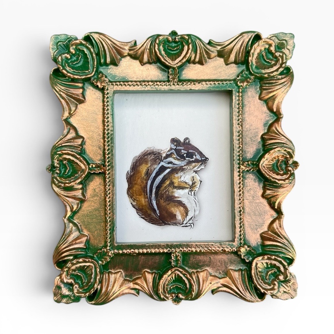 Chipmunk 🐿️watercolor print of painting in mini gold vintage style ornate frame