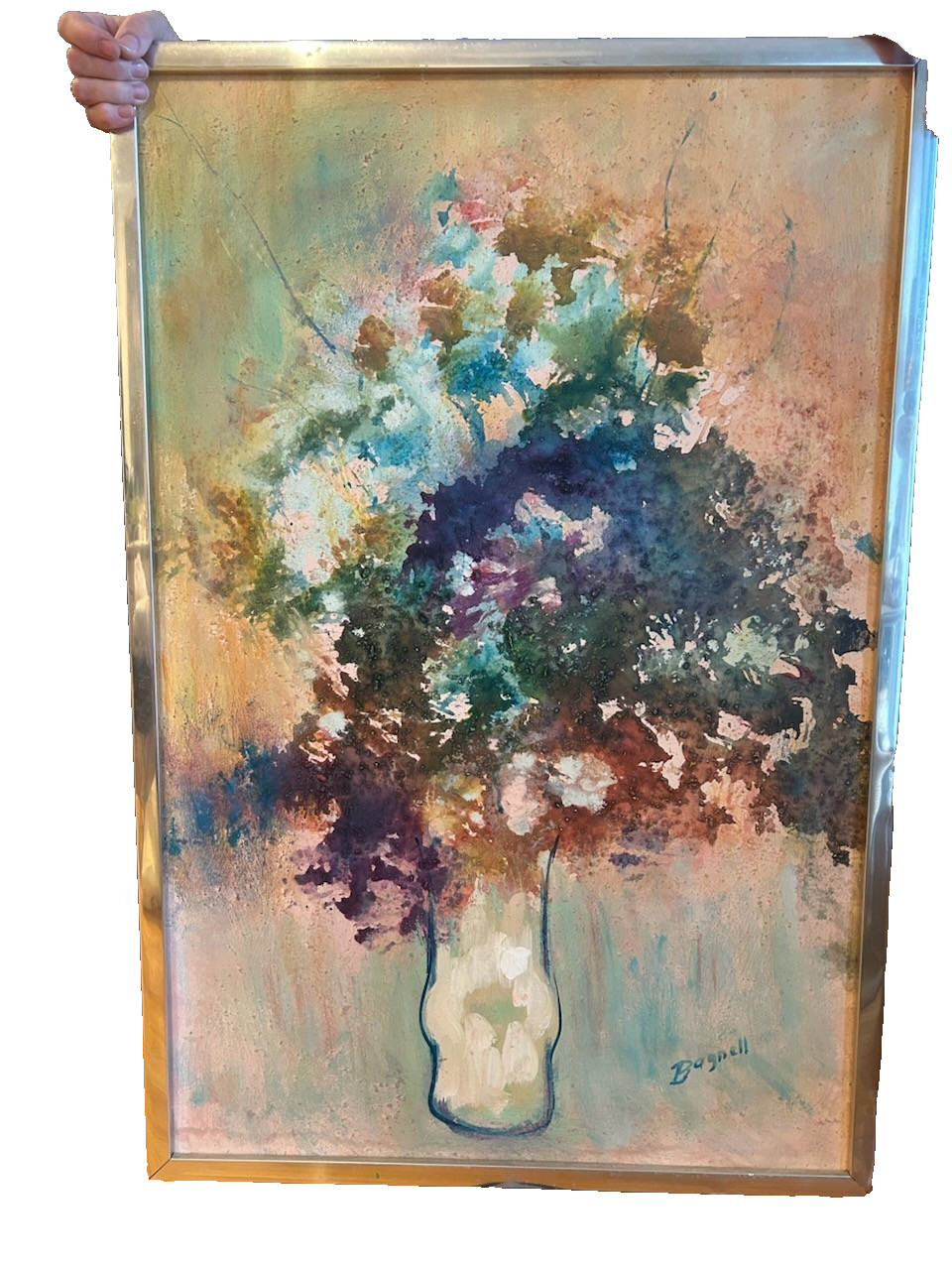 Signed STEPHEN BAGNELL Oil Painting, Flowers in Vase, aluminum frame, 25″x37.5″