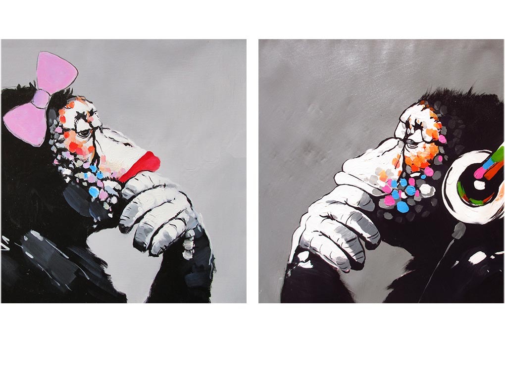 2x A1 CANVAS lady girl Art Print DJ MONKEY gorilla ape chimp PAINTING DIPTYCH