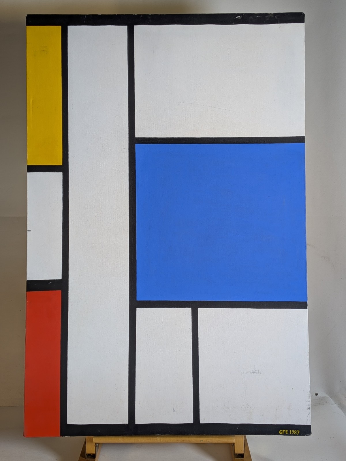 Vintage 87 mcm Mondrian style Abstract Op Art Geometric Painting primary colors