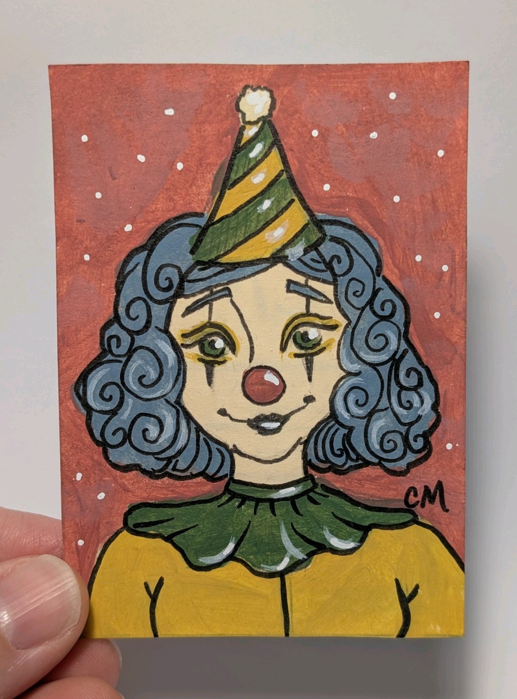 ACEO Original Whimsical Cute Clown Girl Acrylic Painting Hand Painted Art Card