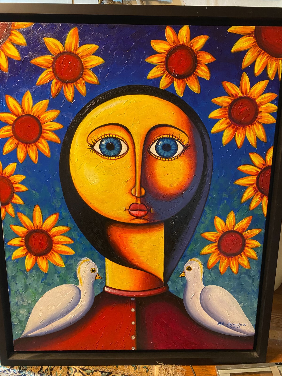 Monumental «Two Doves, Figure And Sunflowers Scene» Oil Painting – Signed/Framed