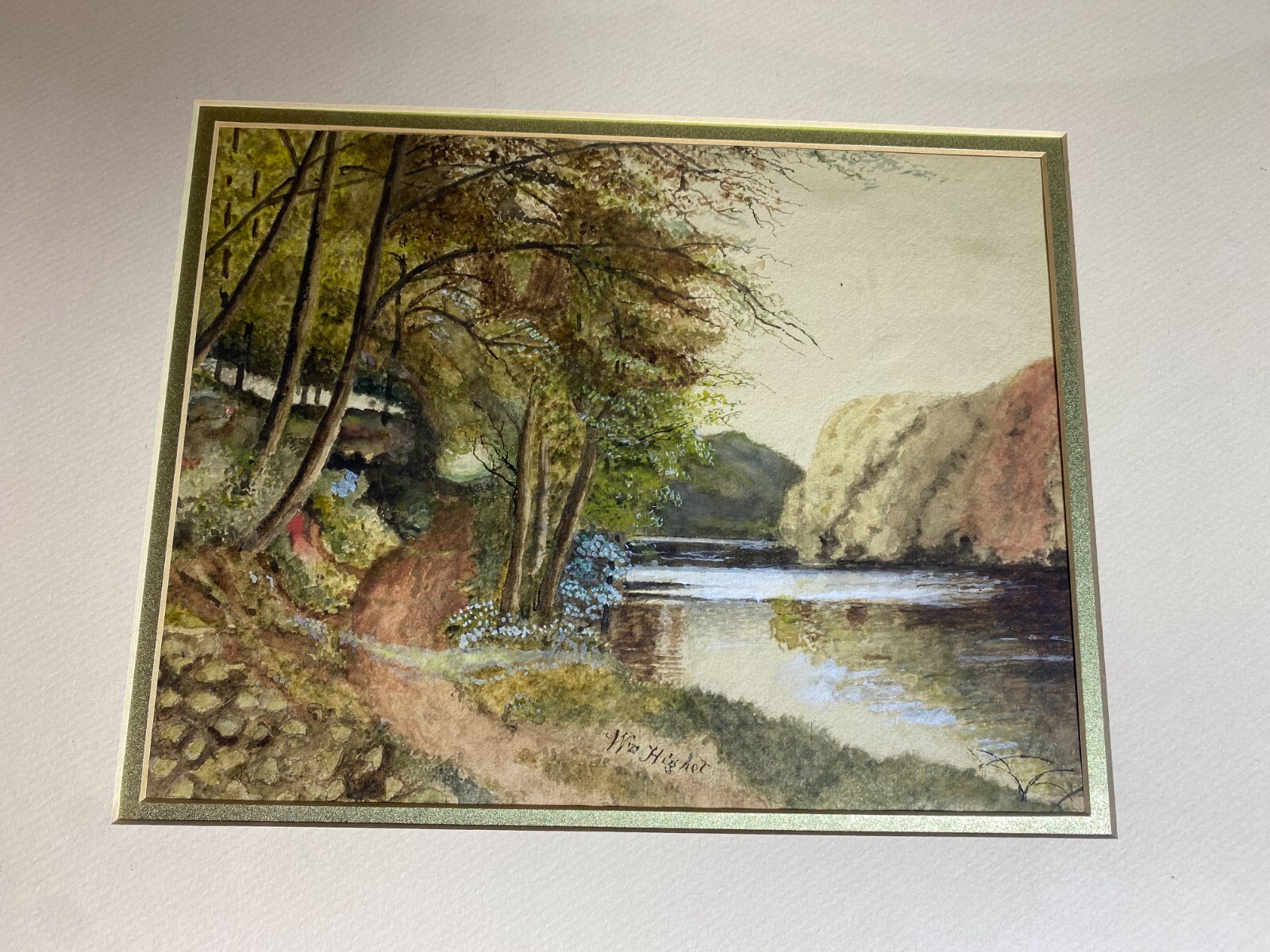 Antique W Higher «River Landscape Scene» Watercolor Painting – Signed And Framed