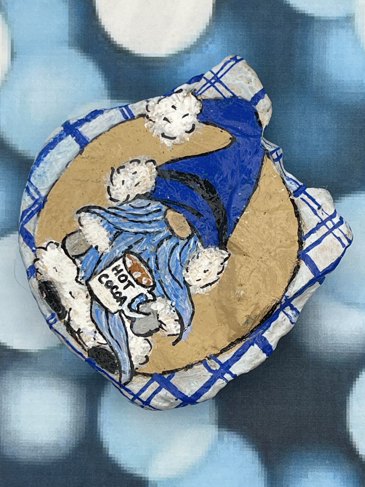 Blue Winter Gnome with Hot Cocoa. Snuggle Up It’s Cold Outside, painted rock