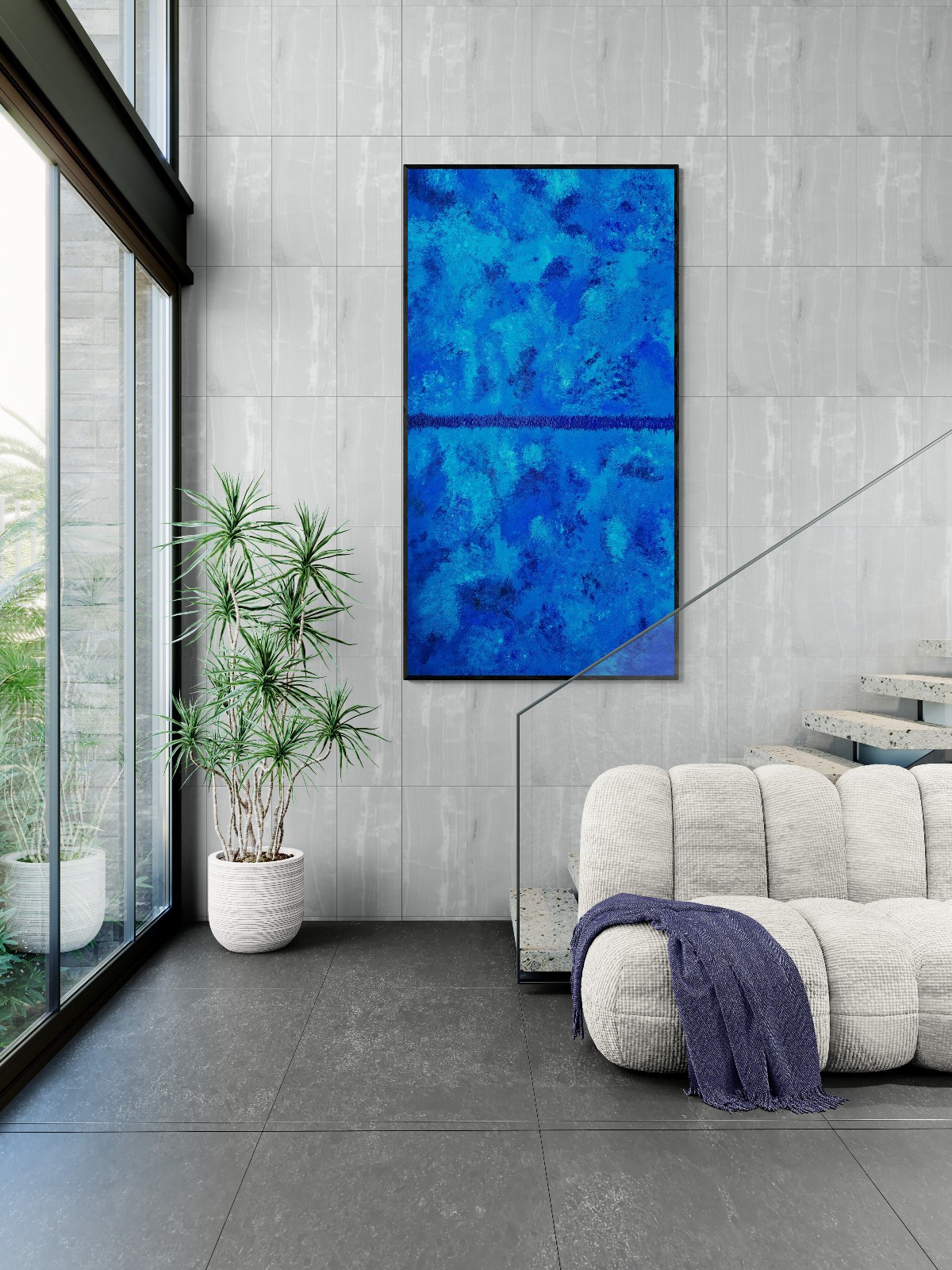 One-of-a-Kind Blue ColorField Luxury Textured Abstract Canvas Art 55×30 in
